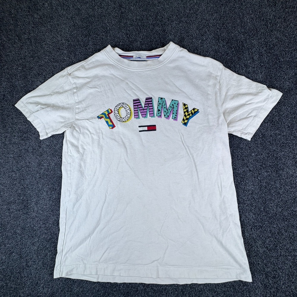 Tommy Hilfiger Jeans Retro Geo T-Shirt Mens Small White Logo Cotton Relaxed Fit